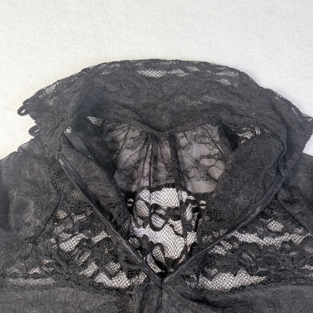 Black Sheer Floral Lace Mock Neck Long Sleeve Blouse Keyhole Mesh Top - Picture 13 of 15